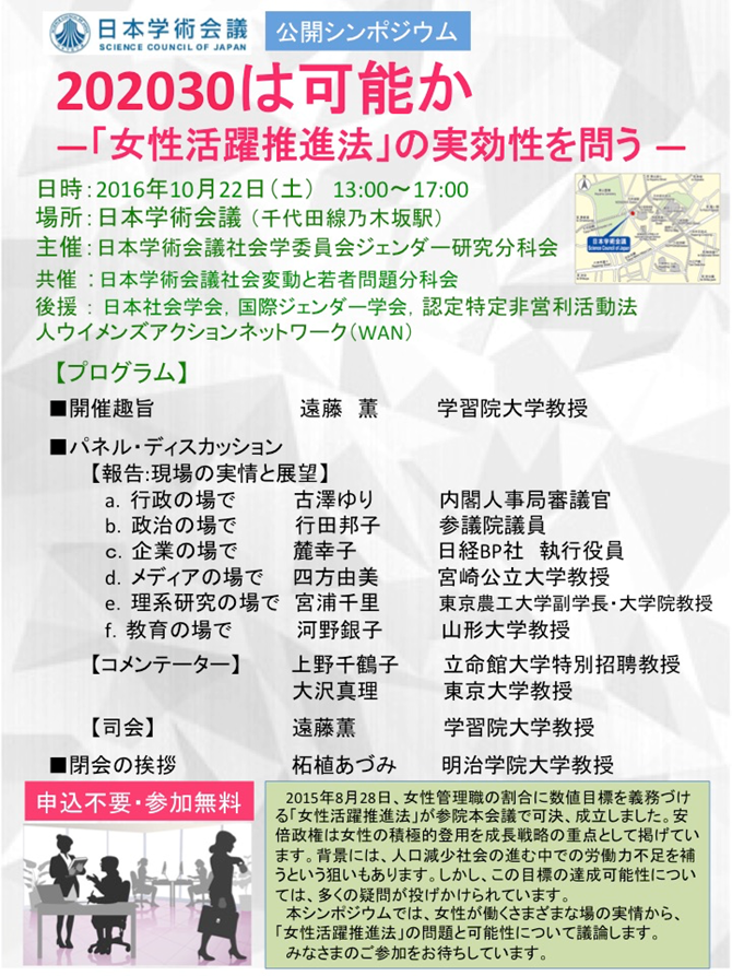 2016年10月22日　日本学術会議公開シンポジウム「202030は可能か−−「女性活躍推進法」の実効性を問う」